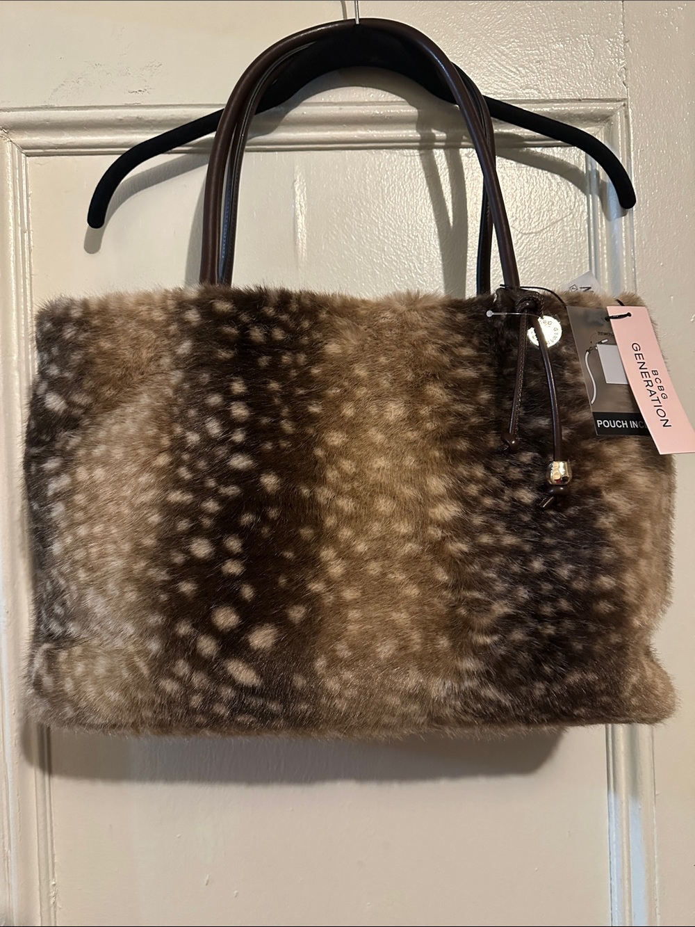 NWT BGBG GENERATION Brown Spotted Faux Fur Tote w/ Brown Handles. L 11” W 15.75”